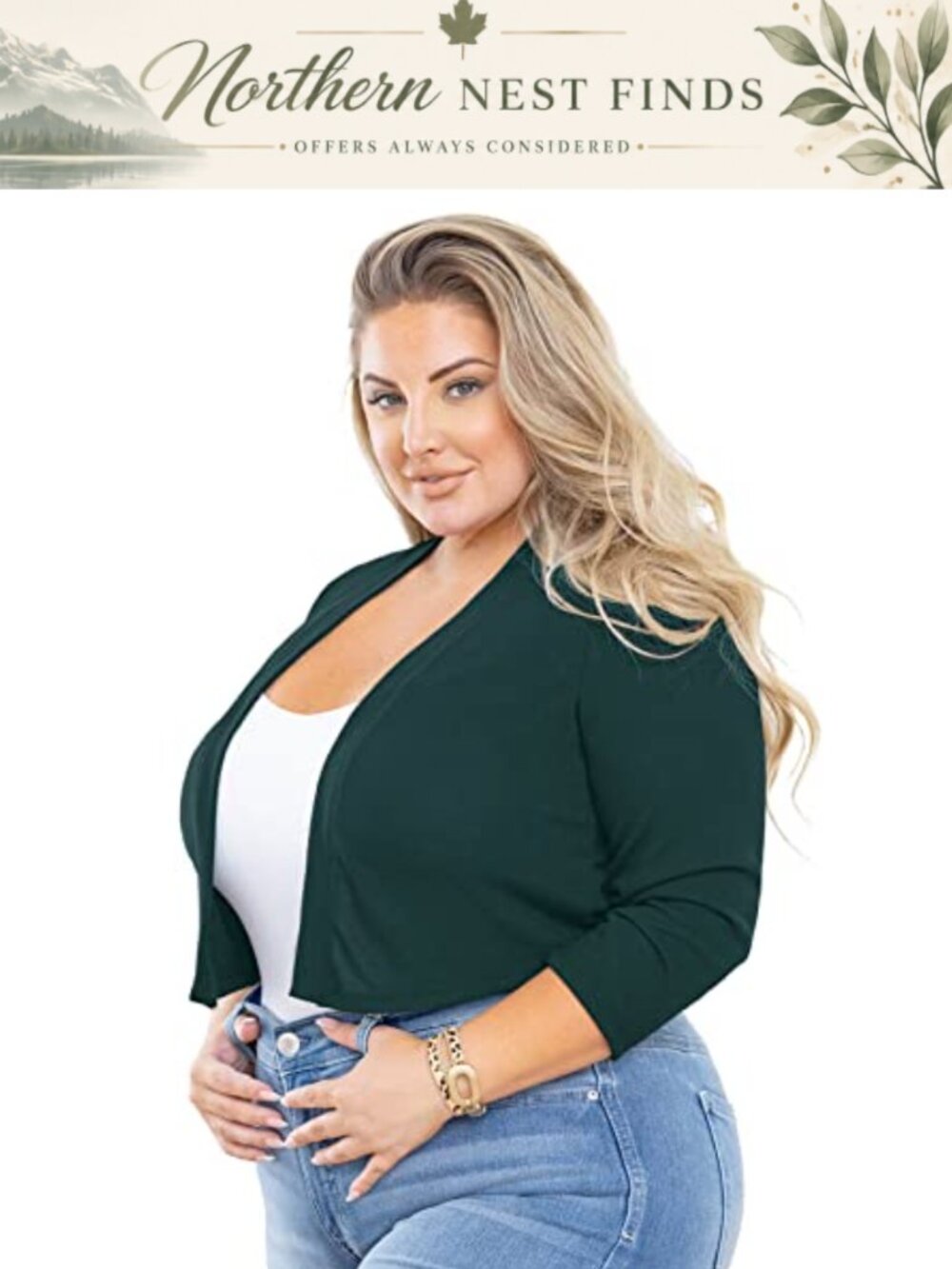 Plus Size Shrug 3/4 Sleeve Lightweight Open Front Knit Cropped Bolero